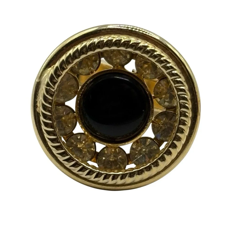 Gold Tone Rhinestone Cufflinks‎ Black Center Round Vintage Rope Twist Design MCM